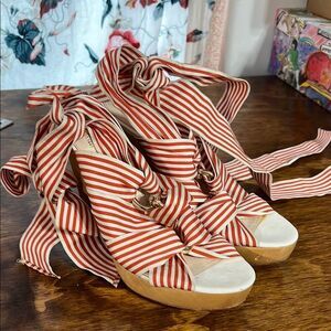 Coach Red and White Striped Wedge Sandals